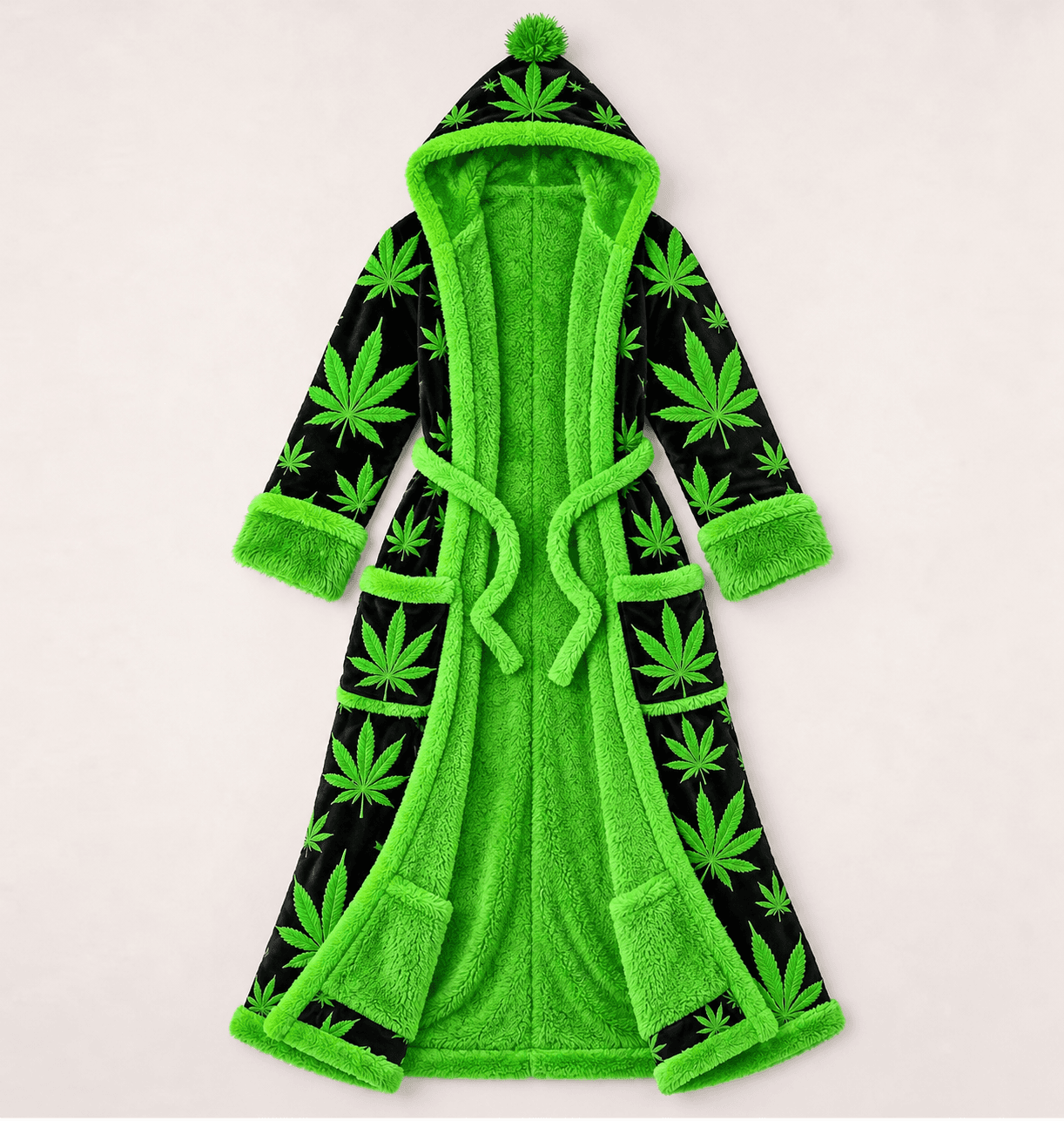 Black KushKozy Robe with green leaf pattern, plush green lining and hood โ photo 1